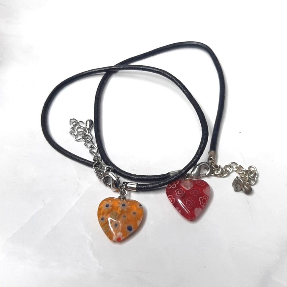 Floral Heart Charm Bracelets On Black Cord Set of Two